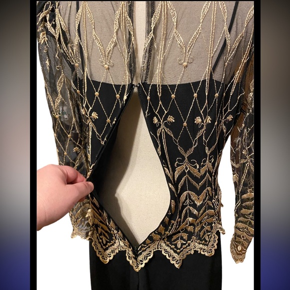 Vtg 90s Cachet Gold Embroidered Lace Black Chiffon Midi Dress - Picture 9 of 13